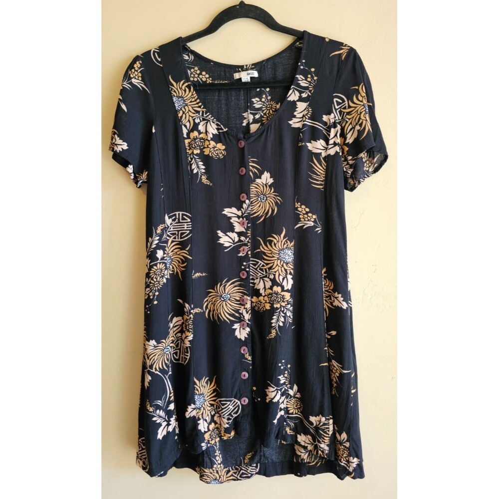 Mini Dress v neck Sz M Black, floral, longer in  back-Amuse Society